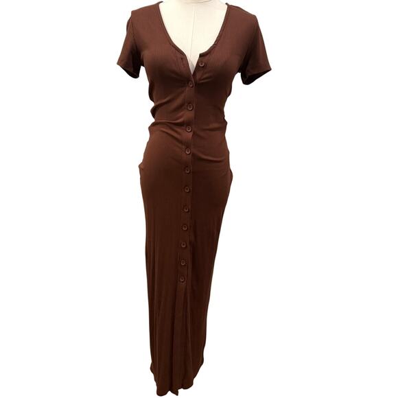 Brown Ribbed Button Front Bodycon Maxi Dress S Short Sleeve - Picture 1 of 8